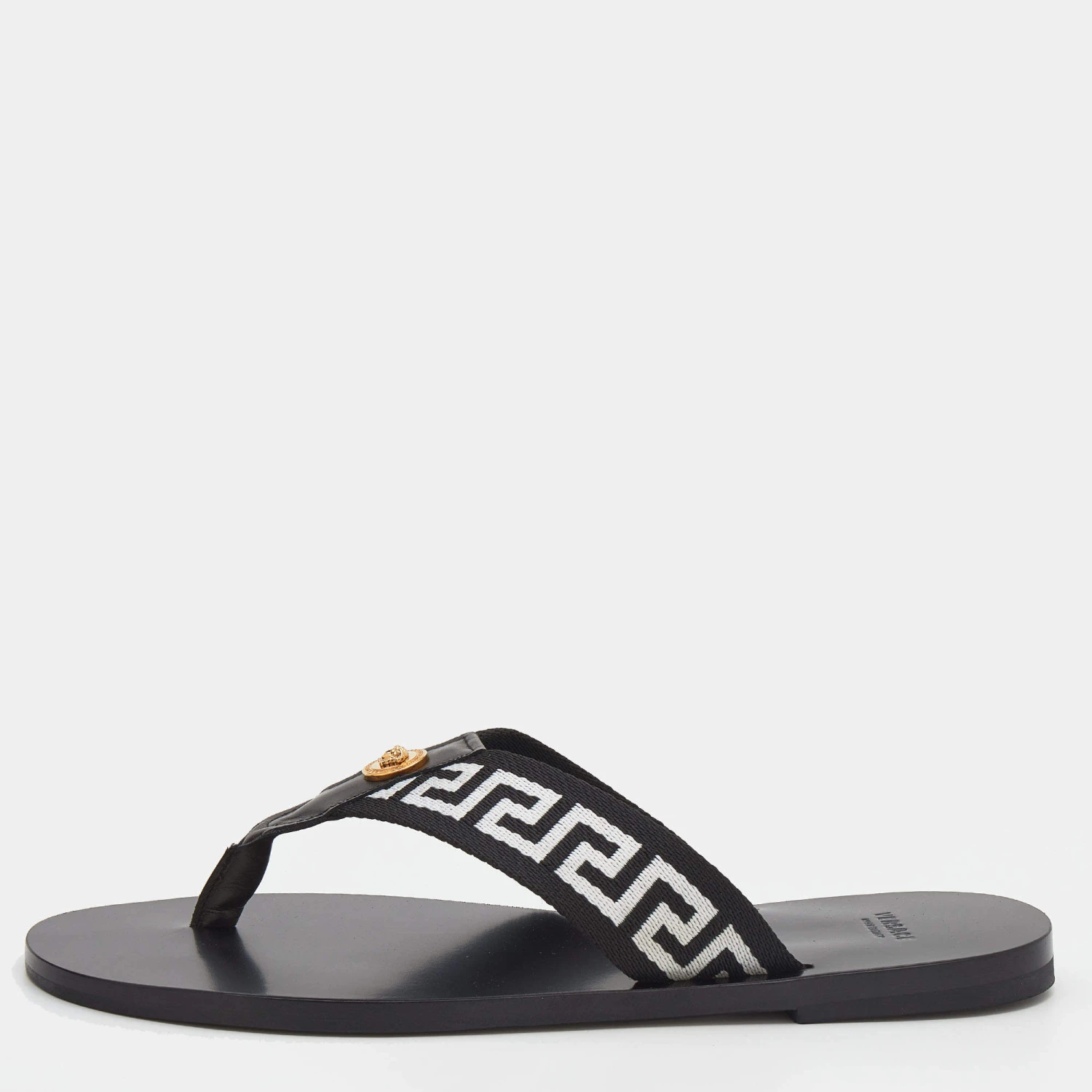 Versace Black/White Leather And Fabric Greca Flat Slide Sandals Size 45 For Men 1 Versace Black/White Leather And Fabric Greca Flat Slide Sandals Size 45 For Men