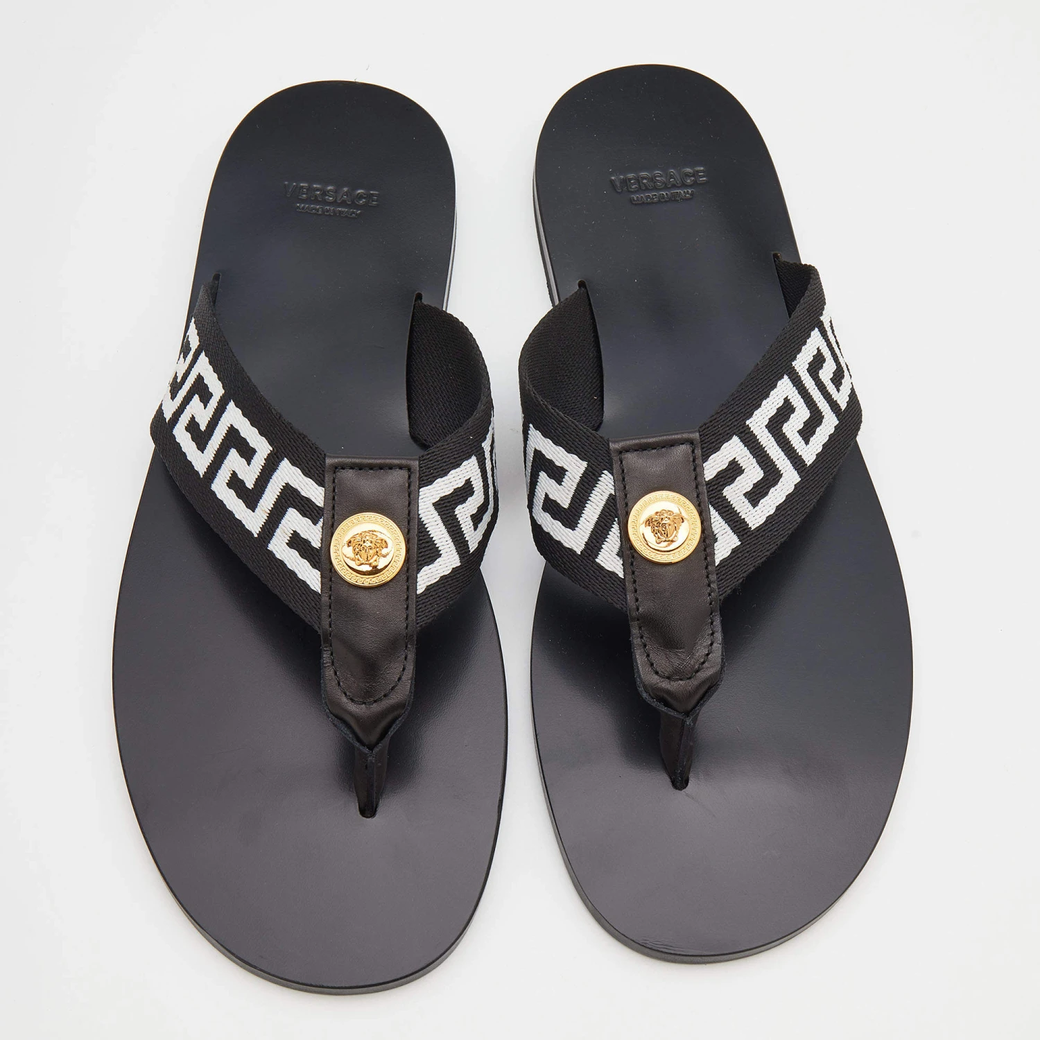 Versace Black/White Leather And Fabric Greca Flat Slide Sandals Size 45 For Men 3 Versace Black/White Leather And Fabric Greca Flat Slide Sandals Size 45 For Men - Image 3