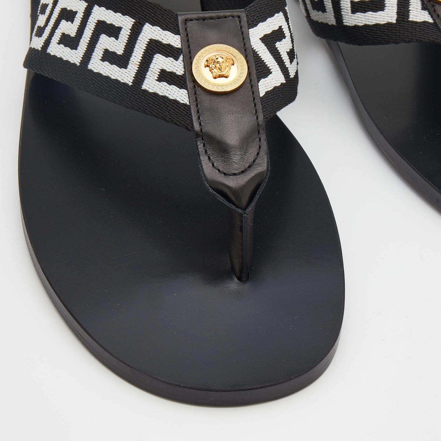Versace Black/White Leather And Fabric Greca Flat Slide Sandals Size 45 For Men 7 Versace Black/White Leather And Fabric Greca Flat Slide Sandals Size 45 For Men - Image 7