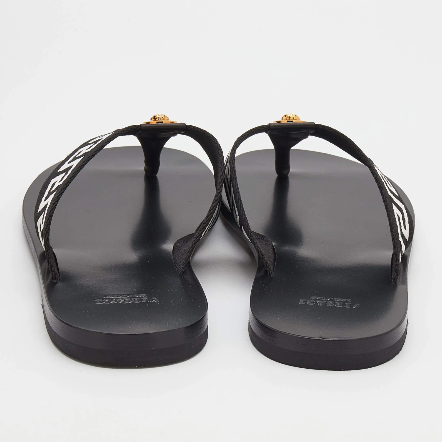 Versace Black/White Leather And Fabric Greca Flat Slide Sandals Size 45 For Men 5 Versace Black/White Leather And Fabric Greca Flat Slide Sandals Size 45 For Men - Image 5