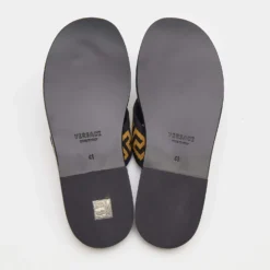 Versace Black/Yellow Leather And Fabric Greca Flat Slide Sandals Size 41 For Men -Versace Official Website luxury men versace new shoes p691080 001