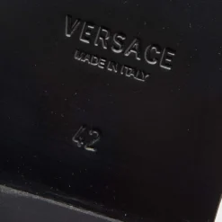 Versace Black/White Leather And Fabric Greca Flat Slide Sandals Size 42 For Men -Versace Official Website luxury men versace new shoes p691085 002