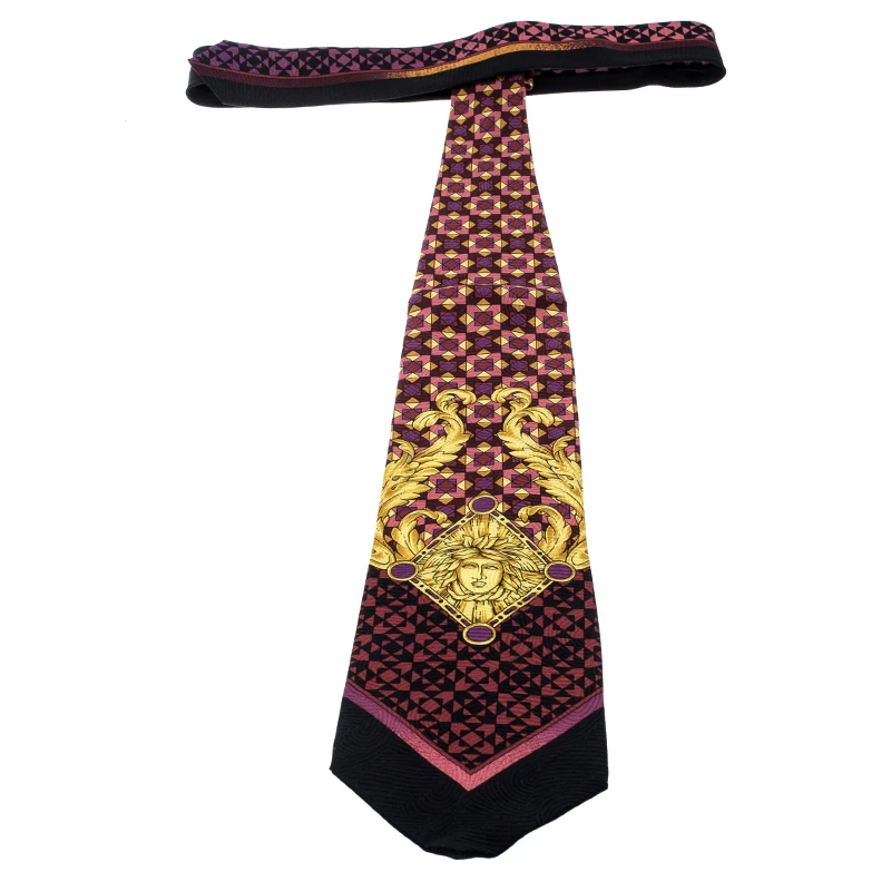 Gianni Versace Vintage Multicolor Geometric Pattern Medusa Print Silk Jacquard Tie For Men 3 Gianni Versace Vintage Multicolor Geometric Pattern Medusa Print Silk Jacquard Tie For Men - Image 3