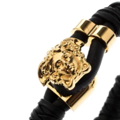 Versace Medusa Black Woven Leather Gold Tone Bracelet For Men -Versace Official Website luxury men versace used accessories p206894 005