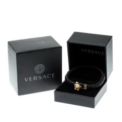Versace Medusa Black Woven Leather Gold Tone Bracelet For Men -Versace Official Website luxury men versace used accessories p206894 008