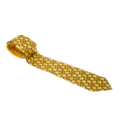 Gianni Versace Vintage Yellow Logo And Floral Patterned Silk Jacquard Tie For Men
