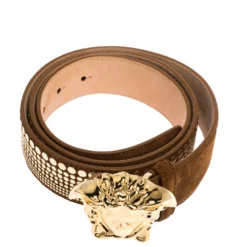 Versace Brown Studded Suede Medusa Belt 105CM For Men -Versace Official Website luxury men versace used accessories p279083 006
