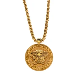 Versace Medusa Gold Tone Chain Link Medallion Pendant Necklace For Men