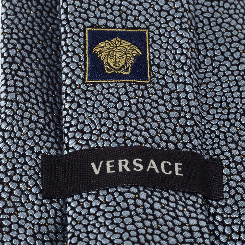 Versace Grey & Navy Dot Pattern Jacquard Silk Tie For Men 5 Versace Grey & Navy Dot Pattern Jacquard Silk Tie For Men - Image 5