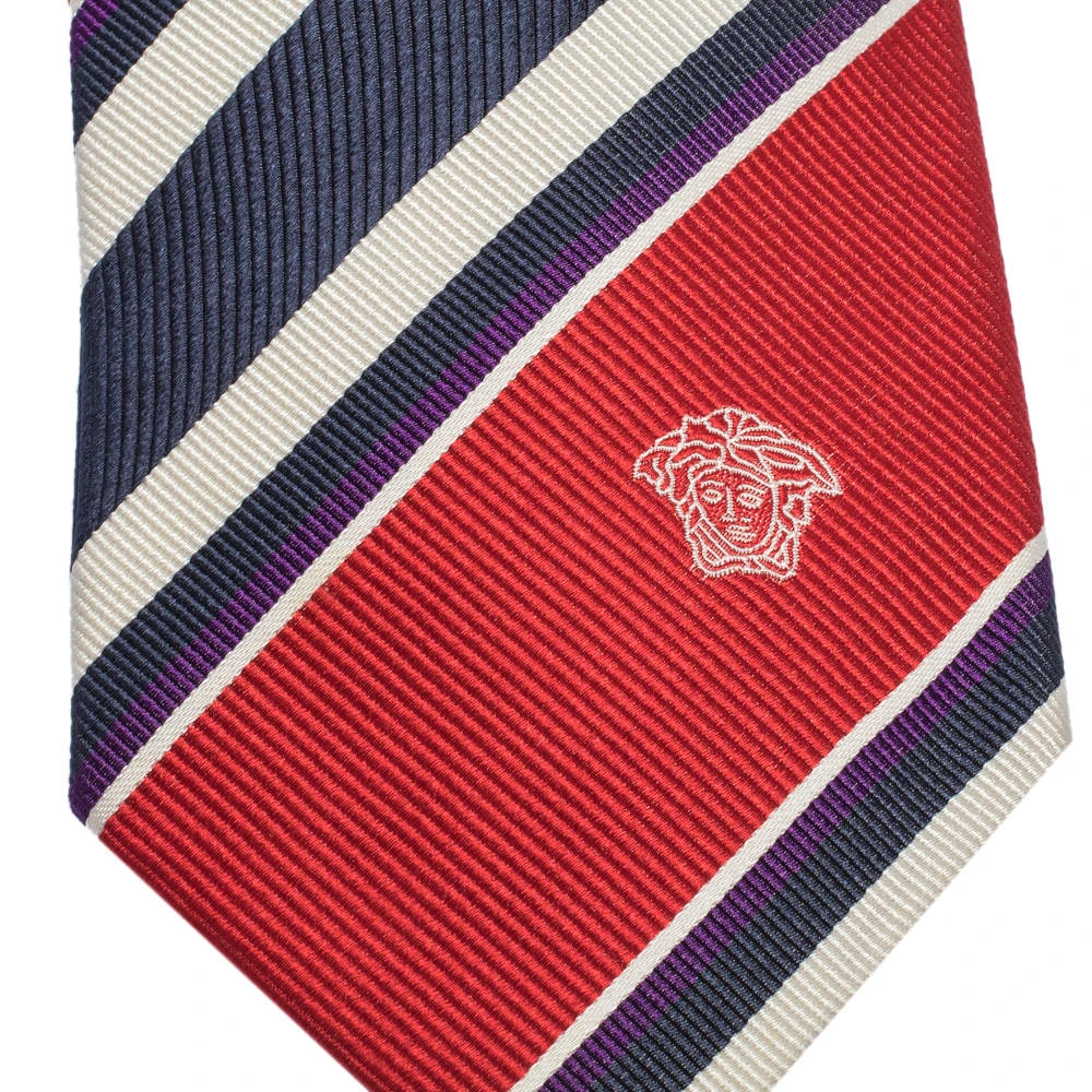 Versace Red & Blue Diagonal Striped Silk Jacquard Tie For Men 2 Versace Red & Blue Diagonal Striped Silk Jacquard Tie For Men - Image 2