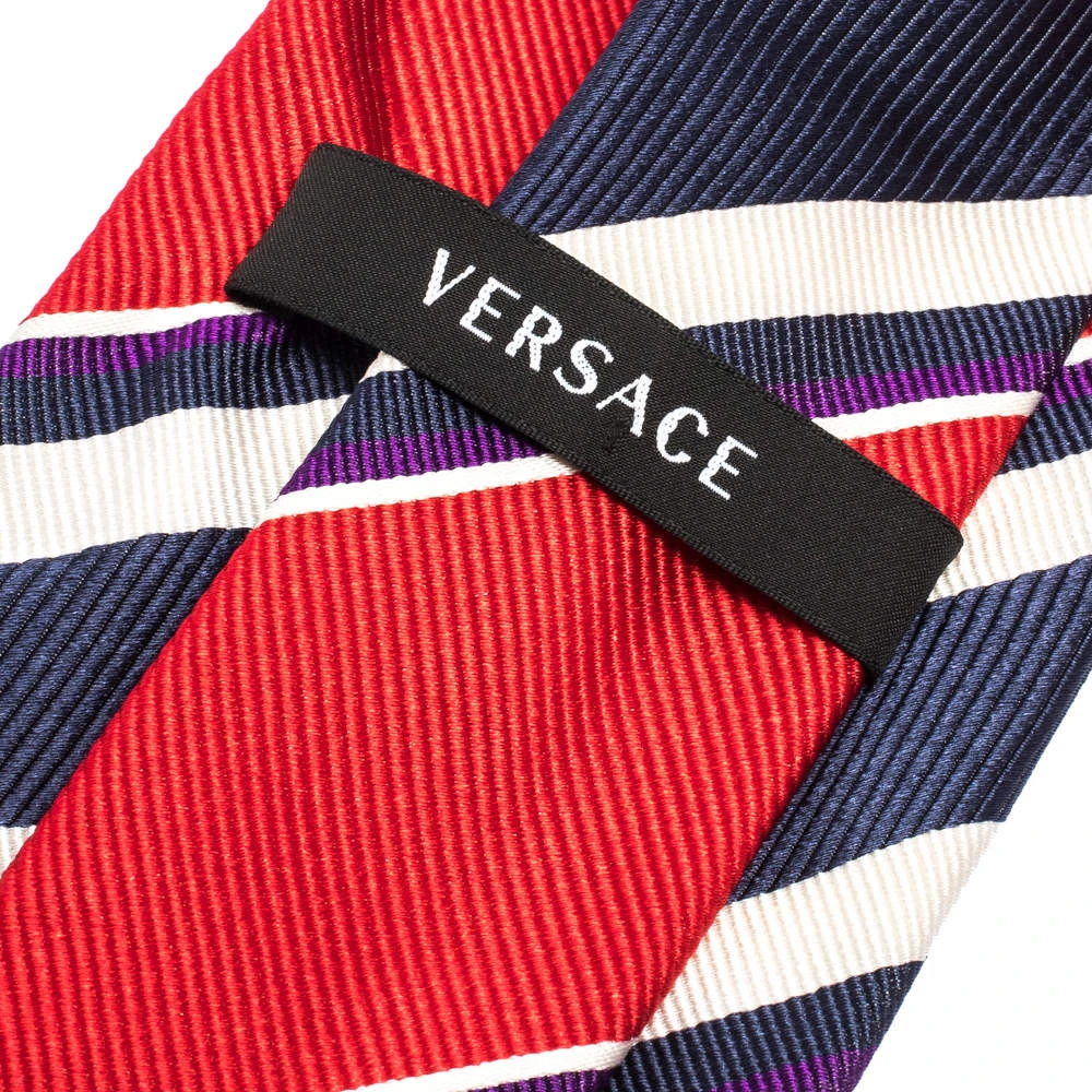 Versace Red & Blue Diagonal Striped Silk Jacquard Tie For Men 3 Versace Red & Blue Diagonal Striped Silk Jacquard Tie For Men - Image 3