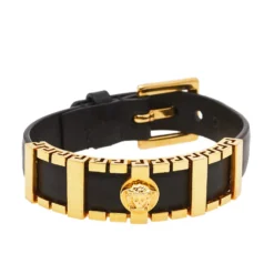 Versace Black Leather Medusa Plaque Wrap Bracelet For Men
