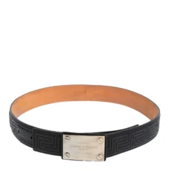 Versace Black Quilted Leather Logo Plaque Buckle Belt 90 CM For Men