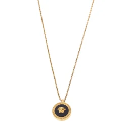 Versace Gold Tone Black Resin Medusa Head Pendant Necklace For Men