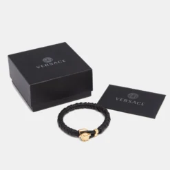 Versace Black Braided Leather Medusa Gold Tone Bracelet For Men -Versace Official Website luxury men versace used accessories p624334 001