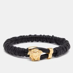 Versace Black Braided Leather Medusa Gold Tone Bracelet For Men