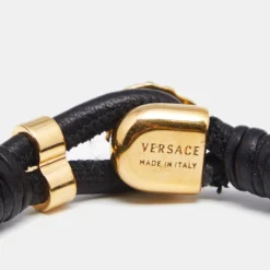 Versace Black Braided Leather Medusa Gold Tone Bracelet For Men -Versace Official Website luxury men versace used accessories p624334 004