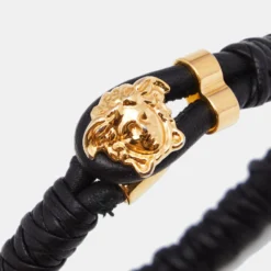 Versace Black Braided Leather Medusa Gold Tone Bracelet For Men -Versace Official Website luxury men versace used accessories p624334 005