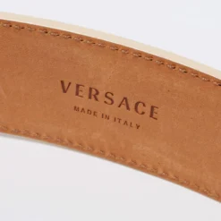 Versace Light Beige/Gold Jacquard And Textured Patent Leather Buckle Belt 95CM For Men -Versace Official Website luxury men versace used accessories p678349 006