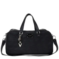 Versace Black Leather Trapuntato Duffle Travel Bag For Men