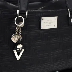 Versace Black Leather Trapuntato Duffle Travel Bag For Men -Versace Official Website luxury men versace used bags p18113 006