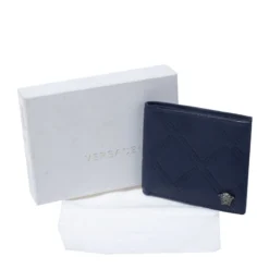 Versace Blue Greca Embossed Leather Bifold Wallet For Men -Versace Official Website luxury men versace used bags p267725 001