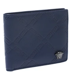 Versace Blue Greca Embossed Leather Bifold Wallet For Men -Versace Official Website luxury men versace used bags p267725 007
