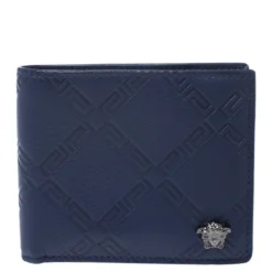 Versace Blue Greca Embossed Leather Bifold Wallet For Men