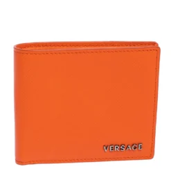 Versace Neon Orange Leather Bifold Wallet For Men