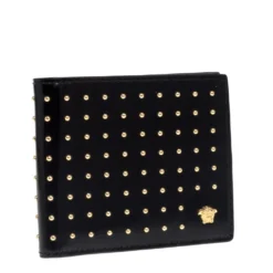 Versace Black Studded Patent Leather Medusa Bifold Wallet For Men -Versace Official Website luxury men versace used bags p394096 002
