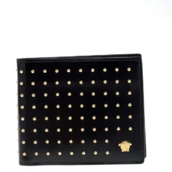 Versace Black Studded Patent Leather Medusa Bifold Wallet For Men