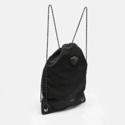 Versace Black Nylon And Leather La Medusa Drawstring Backpack For Men -Versace Official Website luxury men versace used bags p669683 009