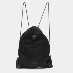 Versace Black Nylon And Leather La Medusa Drawstring Backpack For Men