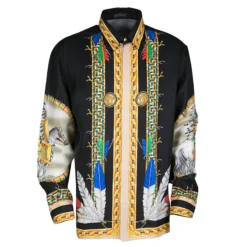 Versace Black Native American Printed Silk Long Sleeve Shirt XXL For Men