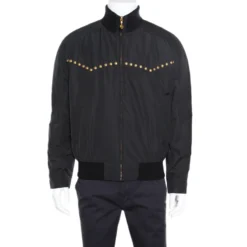 Versace Black Studded Zip Front Bomber Jacket L For Men