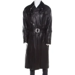 Versace Official Website 36 Gianni Versace Couture Black Leather Double Breasted Belted Overcoat XL For Men