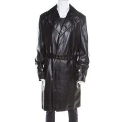 Versace Signature Black Leather Belted Overcoat XXL For Men