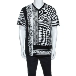 Versace Monochrome Optical Illusion Print Cotton V-Neck T-Shirt L For Men