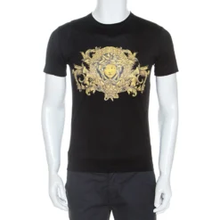 Versace Black Baroque Print Cotton Embellished Short Sleeve T-Shirt S For Men