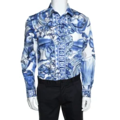 Versace Collection Blue Printed Cotton Button Front Trend Shirt L For Men