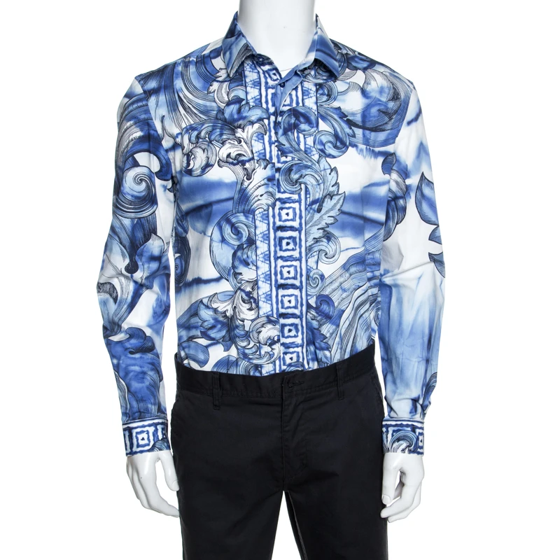 Versace Collection Blue Printed Cotton Button Front Trend Shirt L For Men 1 Versace Collection Blue Printed Cotton Button Front Trend Shirt L For Men