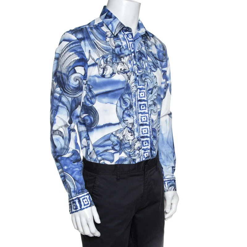 Versace Collection Blue Printed Cotton Button Front Trend Shirt L For Men 2 Versace Collection Blue Printed Cotton Button Front Trend Shirt L For Men - Image 2