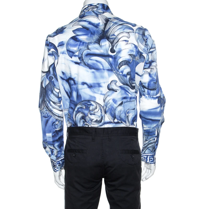 Versace Collection Blue Printed Cotton Button Front Trend Shirt L For Men 3 Versace Collection Blue Printed Cotton Button Front Trend Shirt L For Men - Image 3