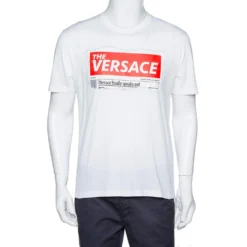 Versace White Cotton Logo Graphic Print Crew Neck Fitted T Shirt L For Men