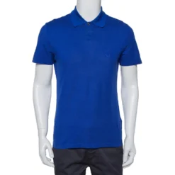 Versace Royal Blue Cotton Pique Button Front T-Shirt XS For Men