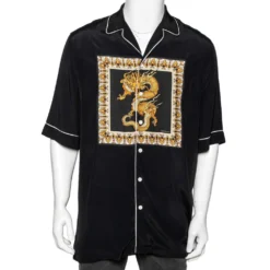 Versace Black Dragon Print Silk Shirt XXXS For Men