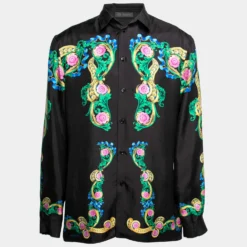 Versace Black Printed Silk Button Front Long Sleeve Shirt XL For Men
