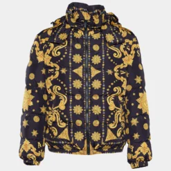 Versace Black & Gold Baroque Print Puffer Down Jacket XL For Men