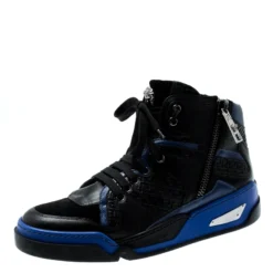 Versace Black/Blue Leather And Suede High Top Sneakers Size 42 For Men