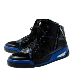 Versace Black/Blue Leather And Suede High Top Sneakers Size 42 For Men -Versace Official Website luxury men versace used shoes p197412 007